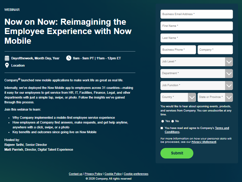 Webinar landing page with series selection and registration form